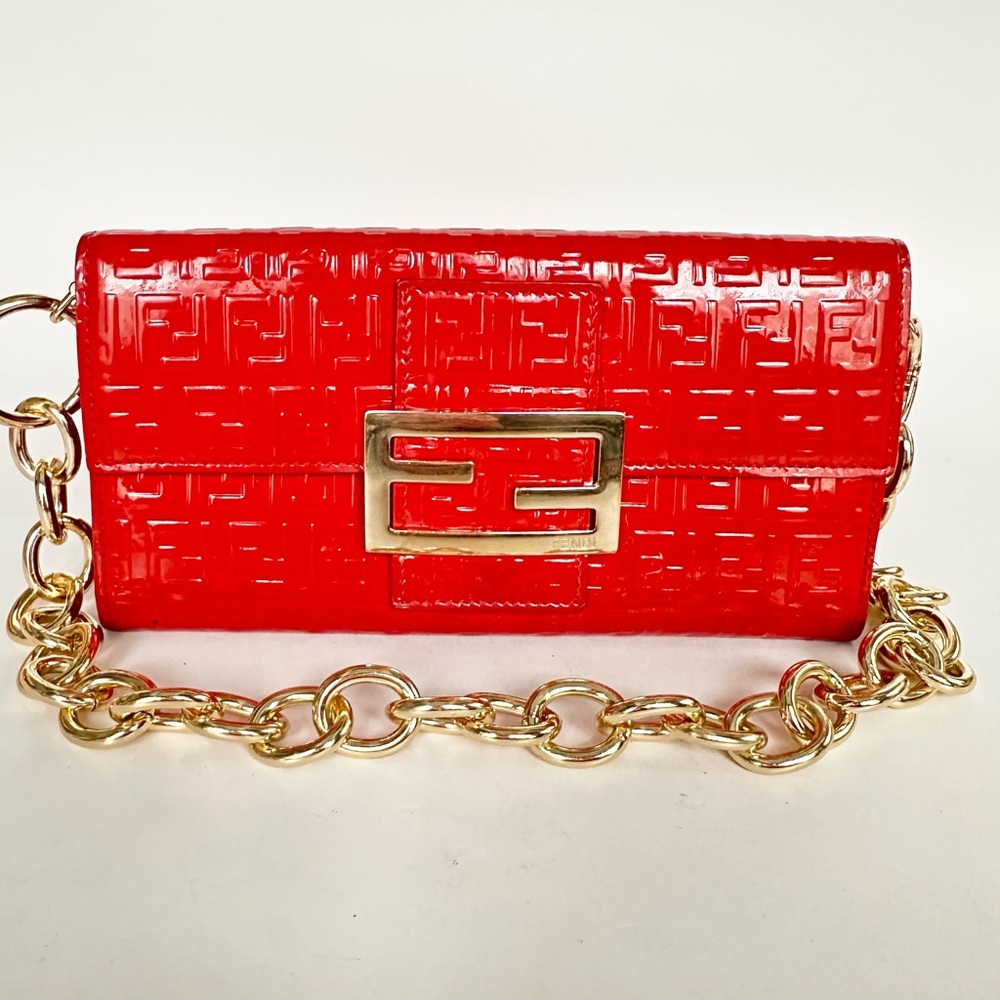 💯 FENDI FF Red Zucchino Continental Red Patent Leather Flap Wallet on Chain